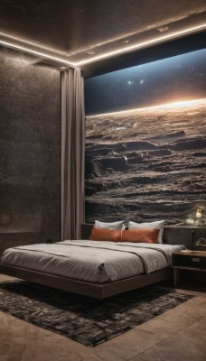 1boy,sky,indoors,pillow,no humans,window,bed,night,ocean,on bed,curtains,star (sky),scenery,starry sky,realistic,blanket,horizon,light,lamp,cityscape,space,bedroom,planet,landscape,carpet,book,night sky,rug