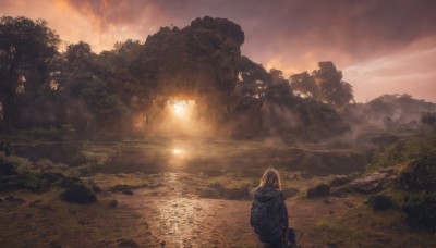 1girl,solo,long hair,brown hair,holding,standing,jacket,weapon,outdoors,sky,cloud,hood,water,bag,from behind,tree,gun,hoodie,sunlight,backpack,hood down,cloudy sky,grass,holding gun,nature,scenery,hooded jacket,rifle,sunset,rock,mountain,facing away,river,landscape,sitting,forest