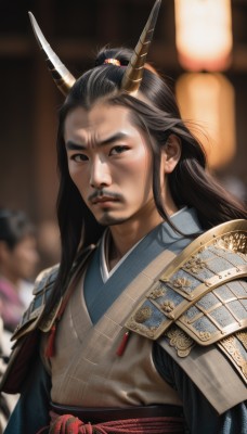 long hair,looking at viewer,black hair,1boy,brown eyes,closed mouth,upper body,male focus,japanese clothes,multiple boys,horns,solo focus,2boys,kimono,armor,blurry,black eyes,lips,sash,depth of field,blurry background,facial hair,shoulder armor,beard,pauldrons,lantern,realistic,mustache,japanese armor,topknot,paper lantern,sode,hair ornament,chinese clothes