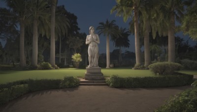 solo,1boy,outdoors,sky,tree,no humans,muscular,night,grass,plant,night sky,scenery,palm tree,bush,pillar,statue,day,blue sky,nature,realistic,path