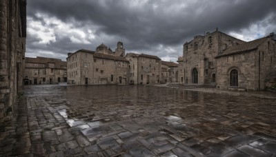 outdoors,sky,day,cloud,water,tree,no humans,window,cloudy sky,building,scenery,road,ruins,pavement,blue sky,sunlight,door,wall,architecture,arch,stone floor,brick floor