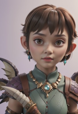 1girl,solo,looking at viewer,short hair,bangs,simple background,brown hair,shirt,brown eyes,jewelry,upper body,earrings,parted lips,wings,sleeveless,pointy ears,armor,lips,shoulder armor,portrait,green shirt,scales,artist name,necklace,eyelashes,makeup,thick eyebrows,gem,freckles,nose