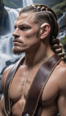 solo,long hair,blue eyes,brown hair,black hair,1boy,jewelry,closed mouth,nipples,upper body,braid,male focus,earrings,outdoors,water,necklace,blurry,looking to the side,single braid,muscular,blurry background,facial hair,pectorals,muscular male,bara,beard,veins,realistic,nose,manly,bare pectorals,waterfall,artist name,signature,vest,scar,piercing,scar on face,large pectorals,mature male,scar across eye,chest hair