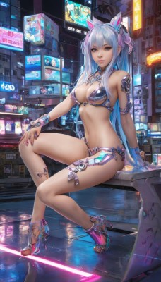 1girl,solo,long hair,breasts,looking at viewer,bangs,blue eyes,large breasts,navel,animal ears,cleavage,bare shoulders,twintails,jewelry,medium breasts,sitting,very long hair,blue hair,swimsuit,full body,bikini,parted lips,choker,cat ears,nail polish,high heels,bracelet,lips,legs,thigh strap,toes,night,fake animal ears,sandals,building,reflection,science fiction,toenails,city,toenail polish,hand on own knee,bikini armor,toeless footwear,cyberpunk,neon lights,white hair,outdoors,watermark