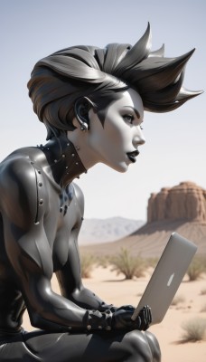 1girl,solo,breasts,short hair,brown hair,gloves,holding,jewelry,sitting,earrings,small breasts,outdoors,day,from side,lips,bodysuit,profile,makeup,colored skin,piercing,lipstick,spiked hair,ear piercing,nose,undercut,grey skin,cyborg,tablet pc,black lips,medium breasts,sky,blurry,bracelet,blurry background,spikes,stud earrings,facepaint,mohawk,cyberpunk,desert,hagoita