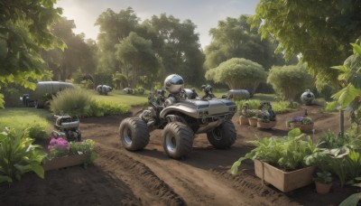 weapon,flower,outdoors,multiple boys,day,tree,military,no humans,sunlight,helmet,grass,plant,ground vehicle,nature,scenery,motor vehicle,forest,science fiction,realistic,road,bush,motorcycle,sky,cloud,car,soldier