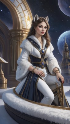 1girl,solo,long hair,breasts,looking at viewer,smile,brown hair,long sleeves,dress,animal ears,brown eyes,jewelry,sitting,earrings,sky,pants,cat ears,necklace,bracelet,lips,coat,fur trim,makeup,moon,star (sky),starry sky,white pants,white coat,space,planet,earth (planet),collarbone,artist name,indoors,nail polish,mole,fingernails,window,night,watermark,ring,gem,night sky,realistic,nose,red lips