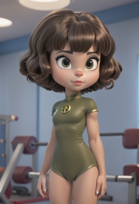 1girl,solo,breasts,looking at viewer,smile,short hair,bangs,brown hair,brown eyes,closed mouth,standing,short sleeves,thighs,cowboy shot,small breasts,indoors,nail polish,blurry,leotard,lips,loli,depth of field,blurry background,thigh gap,child,curly hair,arms at sides,green leotard,eyelashes