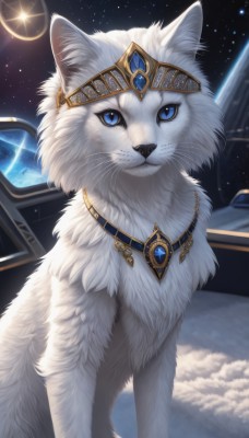 solo,looking at viewer,blue eyes,jewelry,closed mouth,sky,signature,necklace,no humans,animal,moon,cat,gem,star (sky),starry sky,space,animal focus,white fur,planet,earth (planet),blue gemstone,red gemstone,fluffy,cloud,night,tiara,crown,night sky,realistic,white cat