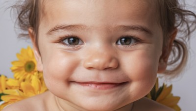 1girl,solo,looking at viewer,smile,simple background,brown hair,brown eyes,closed mouth,flower,artist name,grey background,blurry,lips,portrait,close-up,forehead,realistic,yellow flower,sunflower,old woman,1boy,male focus