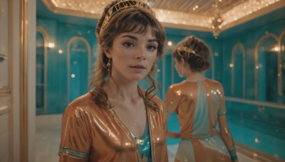 1girl,solo,long hair,breasts,looking at viewer,bangs,multiple girls,brown hair,dress,2girls,cleavage,brown eyes,jewelry,collarbone,upper body,earrings,parted lips,indoors,lips,tiara,freckles,reflection,mirror,realistic,nose,jacket,hairband,teeth,necklace,from behind,blurry,bracelet,see-through,night,back