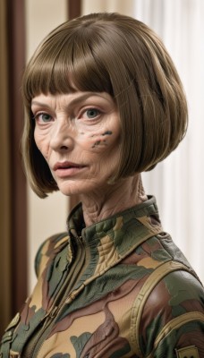 1girl,solo,breasts,looking at viewer,short hair,bangs,brown hair,upper body,parted lips,indoors,blunt bangs,blurry,black eyes,from side,lips,grey eyes,blurry background,bob cut,portrait,veins,realistic,nose,camouflage,blue eyes,closed mouth,genderswap,genderswap (mtf),science fiction,facepaint,cyborg,dirty,dirty face