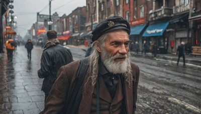 long hair,shirt,hat,closed mouth,jacket,closed eyes,white hair,grey hair,male focus,outdoors,multiple boys,necktie,solo focus,day,collared shirt,2boys,scarf,blurry,uniform,coat,black jacket,black headwear,blurry background,facial hair,beret,ground vehicle,building,black necktie,motor vehicle,beard,brown jacket,city,realistic,mustache,car,road,old,police,old man,street,police uniform,photo background,smile,long sleeves,1boy,standing,upper body,sky,pants,signature,vest,dated,lips,looking to the side,depth of field,scar,looking away,scenery,scar on face,walking,6+boys,sign,brown coat,crowd