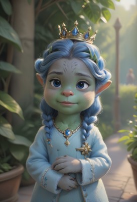 1girl,solo,long hair,looking at viewer,smile,blue eyes,hair ornament,long sleeves,dress,jewelry,blue hair,braid,outdoors,parted lips,day,pointy ears,necklace,blurry,twin braids,tree,coat,depth of field,blurry background,blue dress,own hands together,crown,plant,gem,child,furry,pendant,freckles,furry female,female child,body fur,animal nose,blue coat,closed mouth,upper body,artist name,flat chest,lips,fur trim,colored skin,leaf,hair over shoulder