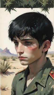 solo,short hair,bangs,shirt,black hair,1boy,closed mouth,jacket,upper body,male focus,outdoors,parted lips,day,collared shirt,uniform,black eyes,tree,lips,grey eyes,military,military uniform,leaf,grass,portrait,green jacket,realistic,green shirt,dirty,military jacket,dirty face,facial mark,mountain,facepaint