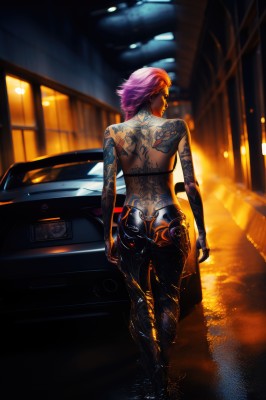 1girl,solo,short hair,jewelry,standing,full body,pink hair,purple hair,ass,earrings,looking back,pants,from behind,blurry,tattoo,night,blurry background,back,black pants,topless,piercing,ground vehicle,motor vehicle,walking,science fiction,arms at sides,car,road,arm tattoo,cyborg,cyberpunk,back tattoo,full-body tattoo,breasts,gloves,boots,outdoors,fingerless gloves,armor,depth of field,gauntlets,ear piercing,nose,stud earrings,very short hair,street,neon lights