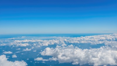 monochrome,outdoors,sky,day,cloud,water,blue sky,no humans,ocean,scenery,blue theme,city,horizon,cityscape,landscape,cloudy sky,above clouds