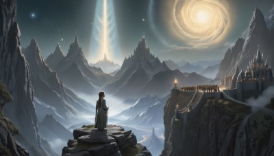 1girl,solo,brown hair,black hair,1boy,standing,male focus,outdoors,sky,cloud,from behind,tree,night,moon,star (sky),night sky,scenery,snow,starry sky,robe,mountain,fantasy,castle,mountainous horizon,fog,cliff,long hair,holding,hood,fire,staff,building,rock,facing away,cane,landscape,torch