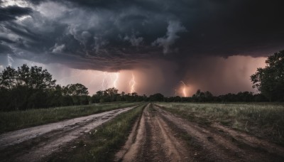 outdoors,sky,cloud,tree,no humans,cloudy sky,grass,nature,scenery,forest,electricity,road,lightning,landscape,sunset,mountain,field,path