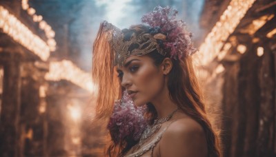 1girl,solo,long hair,blue eyes,brown hair,hair ornament,bare shoulders,jewelry,upper body,flower,parted lips,hair flower,necklace,blurry,lips,profile,depth of field,blurry background,bouquet,realistic,headdress,earrings,sky,from side,tree,eyelashes,makeup,looking down,portrait