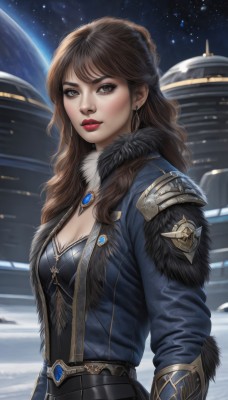 1girl,solo,long hair,breasts,looking at viewer,bangs,brown hair,long sleeves,cleavage,brown eyes,jewelry,medium breasts,jacket,upper body,braid,earrings,outdoors,open clothes,sky,belt,armor,lips,fur trim,makeup,night,wavy hair,lipstick,gem,star (sky),snow,eyeshadow,starry sky,nose,red lips,eyeliner,space,planet,artist name,necklace,fur collar,realistic,earth (planet),spacecraft