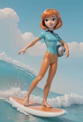 1girl,solo,breasts,smile,short hair,blue eyes,brown hair,holding,standing,full body,small breasts,outdoors,sky,barefoot,day,shiny,cloud,water,orange hair,lips,bodysuit,ocean,helmet,skin tight,shiny clothes,android,joints,waves,helmet removed,surfboard,wetsuit,hairband,beach