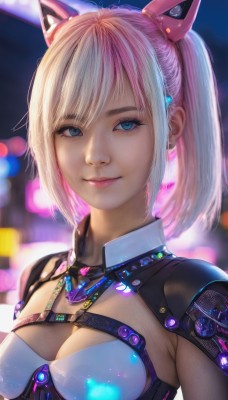 1girl,solo,breasts,looking at viewer,smile,short hair,bangs,blue eyes,blonde hair,hair ornament,animal ears,cleavage,twintails,jewelry,medium breasts,closed mouth,upper body,ponytail,pink hair,white hair,multicolored hair,earrings,cat ears,blurry,two-tone hair,lips,clothing cutout,eyelashes,makeup,blurry background,fake animal ears,cleavage cutout,nose,sidelocks,small breasts,artist name,armor,depth of field,science fiction,pink lips,realistic,bokeh,mascara,cyberpunk