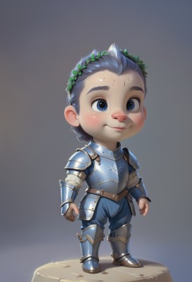 solo,blush,smile,short hair,blue eyes,simple background,1boy,closed mouth,blue hair,standing,full body,grey hair,male focus,sweat,boots,horns,artist name,grey background,armor,shoulder armor,gauntlets,pauldrons,breastplate,armored boots,male child,greaves,faux figurine,plate armor,black hair,chibi,child,rock,realistic,head wreath