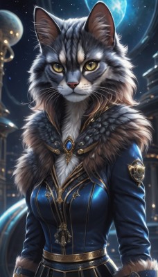 1girl,solo,breasts,looking at viewer,long sleeves,animal ears,jewelry,medium breasts,jacket,yellow eyes,upper body,outdoors,sky,belt,artist name,signature,fur trim,night,animal,moon,cat,slit pupils,brooch,gem,star (sky),night sky,furry,full moon,starry sky,fur collar,furry female,body fur,planet,animal nose,whiskers,dress,closed mouth,cat ears,animal ear fluff,cat girl,white fur