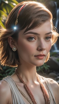 1girl,solo,looking at viewer,short hair,bangs,blue eyes,brown hair,hair ornament,bare shoulders,jewelry,closed mouth,upper body,hairband,earrings,outdoors,day,necklace,blurry,lips,grey eyes,eyelashes,depth of field,blurry background,sunlight,portrait,freckles,realistic,nose,collarbone,tank top,backlighting