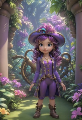 1girl,solo,long hair,breasts,looking at viewer,smile,blue eyes,long sleeves,hat,jewelry,closed mouth,standing,collarbone,full body,purple hair,flower,earrings,small breasts,boots,outdoors,open clothes,day,pants,necklace,tree,lips,coat,leaf,wavy hair,brown footwear,feathers,plant,child,nature,pendant,forest,curly hair,open coat,hoop earrings,purple flower,arms at sides,purple shirt,female child,purple headwear,hat feather,pillar,pirate hat,purple pants,bangs,shirt,jacket,shoes,shorts,artist name,shadow,watermark,sunlight,grass,web address,hat ornament,hat flower,purple jacket,purple shorts,purple coat,overgrown