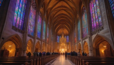 multiple boys,indoors,no humans,window,sunlight,scenery,6+boys,light rays,stairs,light,candle,architecture,pillar,statue,crowd,stained glass,church,arch,chandelier,column,vanishing point,multiple girls,fire,walking,very wide shot