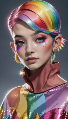 1girl,solo,looking at viewer,short hair,bangs,blue eyes,blonde hair,simple background,jewelry,blue hair,upper body,pink hair,multicolored hair,earrings,parted lips,shiny,grey background,lips,streaked hair,eyelashes,makeup,turtleneck,piercing,lipstick,portrait,multicolored clothes,eyeshadow,personification,freckles,pink lips,glint,multicolored eyes,realistic,nose,eyeliner,colorful,mascara,rainbow gradient,blue eyeshadow,multicolored shirt,rainbow hair,blush,shirt,green eyes,green hair,teeth,artist name,mole,gradient,gradient background,sparkle,aqua hair,swept bangs,watermark,facial mark,ear piercing,pink shirt,green shirt,red lips,facepaint,print shirt