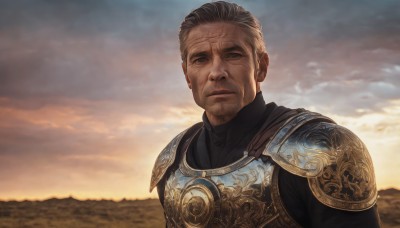 solo,looking at viewer,short hair,1boy,closed mouth,upper body,grey hair,male focus,outdoors,sky,cloud,armor,black eyes,facial hair,scar,cloudy sky,shoulder armor,beard,scar on face,pauldrons,sunset,breastplate,realistic,old,old man,wrinkled skin,cape,blurry,blurry background,expressionless,portrait