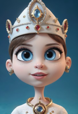 1girl,solo,looking at viewer,smile,short hair,open mouth,blue eyes,simple background,brown hair,hat,jewelry,earrings,parted lips,teeth,lips,gradient,gradient background,eyelashes,upper teeth only,blue background,crown,gem,child,portrait,freckles,blue gemstone,makeup,eyeshadow