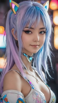 1girl,solo,long hair,breasts,looking at viewer,smile,bangs,blue eyes,animal ears,cleavage,bare shoulders,jewelry,medium breasts,closed mouth,underwear,blue hair,upper body,ponytail,purple hair,multicolored hair,earrings,detached sleeves,choker,cat ears,necklace,bra,blurry,black eyes,two-tone hair,lips,streaked hair,grey eyes,eyelashes,gradient hair,makeup,blurry background,fake animal ears,realistic,nose,swimsuit,heart,sidelocks,bikini,artist name,from side,depth of field,freckles