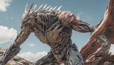 solo,red eyes,tail,weapon,outdoors,wings,horns,sky,teeth,day,cloud,blue sky,no humans,robot,sharp teeth,mecha,claws,spikes,science fiction,monster,dragon,dinosaur,holding