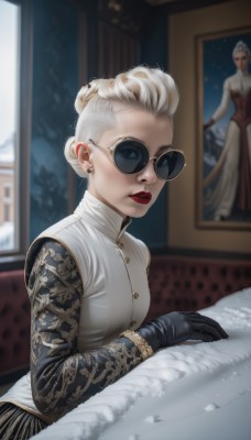 1girl,solo,breasts,looking at viewer,short hair,blonde hair,gloves,long sleeves,dress,jewelry,sitting,upper body,white hair,earrings,glasses,black gloves,artist name,indoors,hair bun,blurry,lips,window,makeup,blurry background,single hair bun,sunglasses,lipstick,black-framed eyewear,round eyewear,red lips,stud earrings,painting (object),mascara,updo,blue eyes,bed,realistic