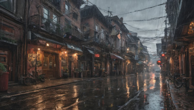 outdoors, sky, cloud, no humans, window, umbrella, plant, ground vehicle, building, scenery, motor vehicle, rain, lantern, city, sign, potted plant, road, power lines, lamppost, street, bicycle, utility pole, puddle, air conditioner