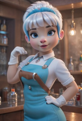 1girl,solo,breasts,looking at viewer,smile,short hair,open mouth,bangs,blue eyes,shirt,gloves,jewelry,medium breasts,standing,white shirt,white hair,short sleeves,multicolored hair,cowboy shot,hairband,earrings,parted lips,teeth,collared shirt,artist name,indoors,white gloves,hand up,blurry,two-tone hair,lips,streaked hair,hand on hip,eyelashes,makeup,buttons,depth of field,blurry background,thick eyebrows,bottle,clenched hand,freckles,stud earrings,overalls,blue hairband,shelf,bar (place),counter,blush,blue hair,upper body,necklace