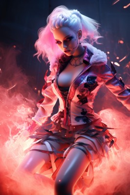 1girl,solo,long hair,breasts,looking at viewer,skirt,red eyes,thighhighs,cleavage,jewelry,medium breasts,underwear,jacket,ponytail,pink hair,white hair,multicolored hair,earrings,parted lips,open clothes,choker,belt,miniskirt,necklace,two-tone hair,open jacket,official alternate costume,lips,fur trim,tattoo,gradient hair,makeup,thigh strap,floating hair,glowing,fire,lipstick,eyeshadow,smoke,zipper,headset,facial tattoo,panties,weapon,colored skin,panty pull