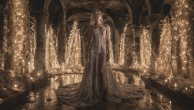 1girl,solo,long hair,blonde hair,dress,bare shoulders,jewelry,standing,monochrome,full body,barefoot,indoors,white dress,lips,see-through,veil,realistic,arms at sides,candle,sepia,pillar,statue,chandelier,breasts,closed mouth,water,brown theme,arch