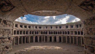 outdoors,sky,day,cloud,blue sky,no humans,cloudy sky,building,scenery,ruins,bridge,overgrown,post-apocalypse,rock,fantasy,pillar,arch,column