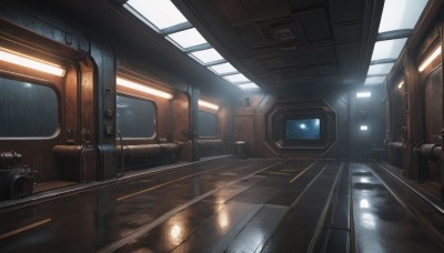 indoors,no humans,window,ground vehicle,scenery,reflection,rain,door,camera,light,television,train,train station,railroad tracks,seat,science fiction,wooden floor,realistic,cable,tile floor