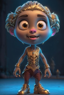 1girl,solo,looking at viewer,smile,short hair,open mouth,blonde hair,navel,animal ears,twintails,brown eyes,jewelry,standing,full body,earrings,shoes,shorts,teeth,sleeveless,dark skin,necklace,nail polish,blurry,flat chest,bracelet,dark-skinned female,blurry background,fangs,piercing,ring,child,furry,female child,male child,shirt,hair ornament,yellow eyes,braid,boots,artist name,signature,fingernails,eyelashes,watermark,brown footwear,backlighting,curly hair,gold