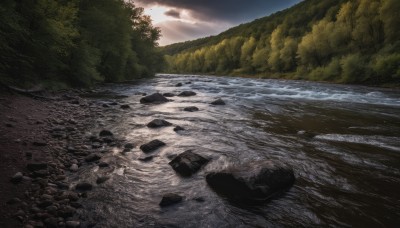 outdoors,sky,day,cloud,water,tree,no humans,sunlight,cloudy sky,grass,nature,scenery,forest,rock,mountain,river,landscape,stream,blue sky,ocean,sunset,horizon,shore