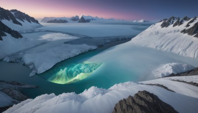 outdoors,sky,cloud,water,tree,no humans,night,star (sky),nature,scenery,snow,forest,reflection,mountain,river,landscape,mountainous horizon,lake,gradient sky,purple sky,starry sky,sunset,ice,aurora