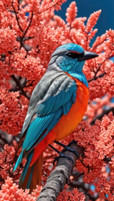 solo,closed mouth,standing,flower,outdoors,sky,day,blurry,black eyes,from side,tree,blue sky,pokemon (creature),no humans,depth of field,blurry background,bird,animal,cherry blossoms,realistic,branch,animal focus,beak,full body,signature,watermark