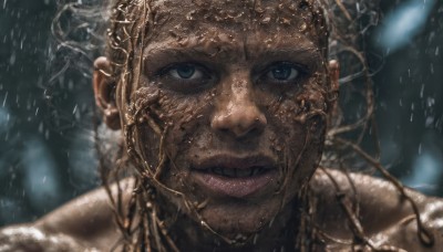 1girl,solo,looking at viewer,blue eyes,jewelry,parted lips,teeth,dark skin,necklace,blurry,dark-skinned female,lips,wet,blurry background,portrait,close-up,rain,realistic,dirty,smile,open mouth,1boy,male focus,earrings,facial hair,freckles