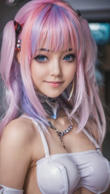 1girl,solo,long hair,breasts,looking at viewer,smile,bangs,blue eyes,hair ornament,cleavage,bare shoulders,twintails,jewelry,medium breasts,closed mouth,underwear,upper body,pink hair,multicolored hair,earrings,blunt bangs,necklace,bra,blurry,collar,two-tone hair,two side up,lips,streaked hair,eyelashes,makeup,underboob,blurry background,white bra,realistic,nose,large breasts